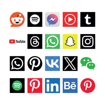 Set of 20 social media and digital app icons including Reddit, Spotify, YouTube, and WhatsApp. Professional vector assets for modern web UI, mobile interface design, and digital marketing projects.