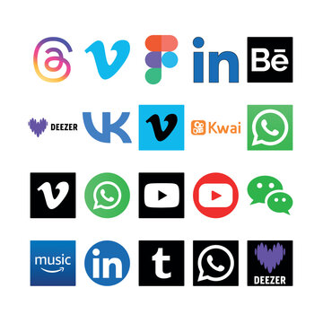 Comprehensive collection of 20 popular social media, streaming, and design platform icons including LinkedIn, WhatsApp, YouTube, and Figma. Professional vector assets for web UI and digital marketing.