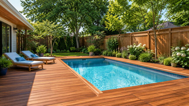 Private backyard pool with wooden deck and lounge chairs