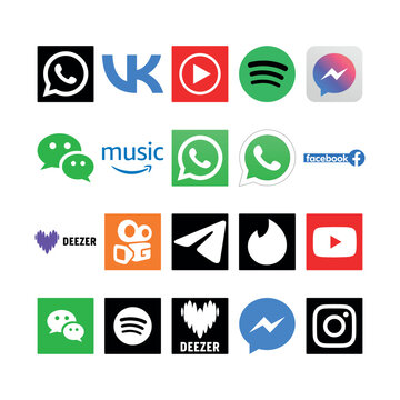 Comprehensive set of 20 popular social media and app icons, including WhatsApp, YouTube, Spotify, and Telegram. High-quality vector assets for modern digital interface and web design projects.