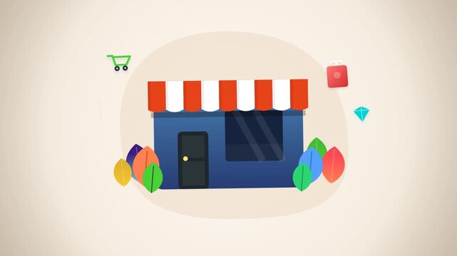 Flat design animated storefront illustration with a floating shopping cart, bag, and gold coin. Ideal for e-commerce websites, retail marketing, and online business presentation videos.