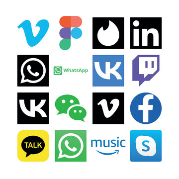 Diverse collection of 16 social media and tech app icons, including Vimeo, Figma, Tinder, LinkedIn, WhatsApp, Twitch, VK, and WeChat. Essential, high-quality vector assets for digital design projects.