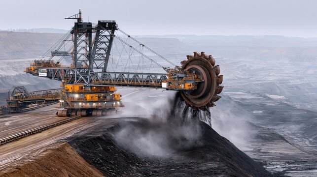 Massive bucket-wheel excavator in action at a vast open-pit coal mine