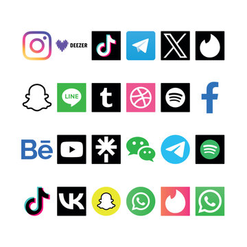 A grid of 24 colorful and monochrome social media icons including Instagram, Spotify, TikTok, and Facebook. Essential vector assets for modern digital UI, web development, and app design projects.