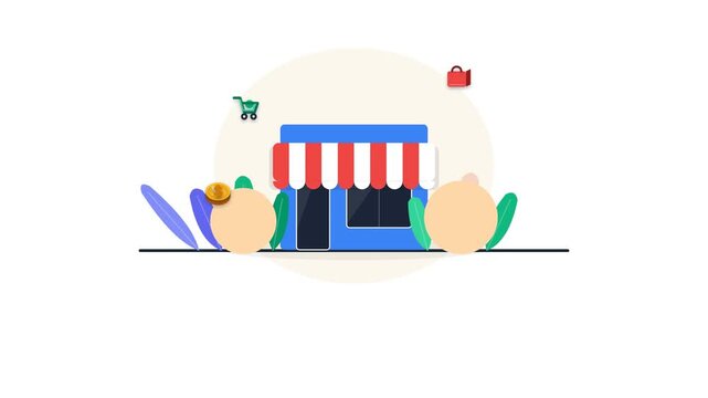 Flat design animated storefront illustration with a floating shopping cart, bag, and gold coin. Ideal for e-commerce websites, retail marketing, and online business presentation videos.