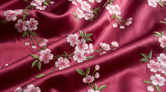 Embroidered cherry blossom pattern on satin fabric closeup