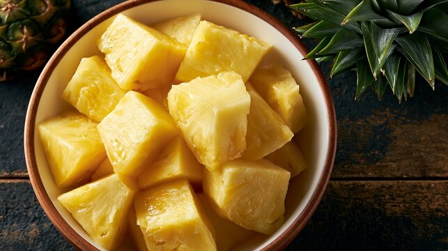 Pineapple chunks in a bowl, seen from above.