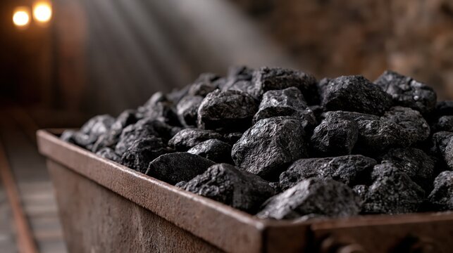Close-up of a mine cart filled with black coal chunks in a dark tunnel