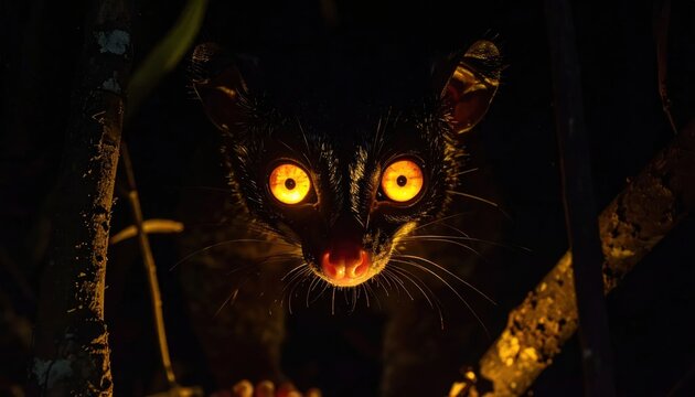 Intense close-up of nocturnal bushbaby eyes glowing in dark.