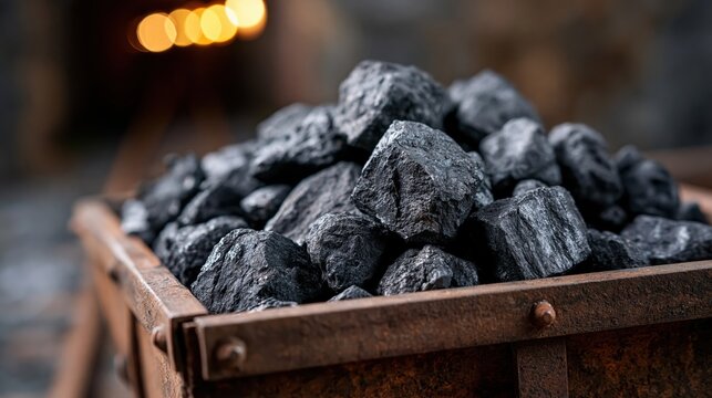 Close-up of a mine cart filled with black coal chunks in a dark mine setting
