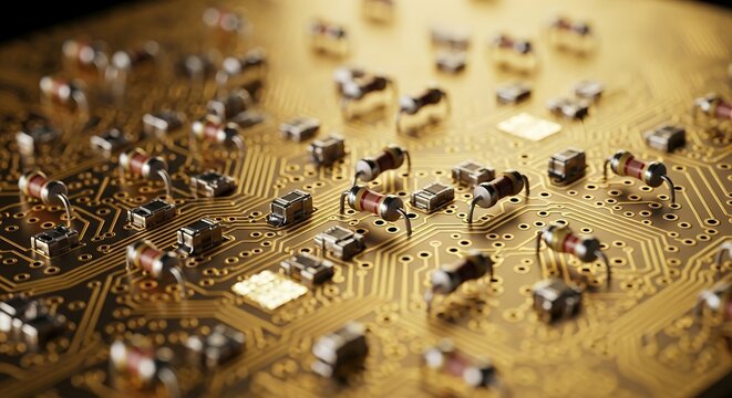 Close-up golden microcircuit with tiny resistors on textured surface showcasing electronic detail
