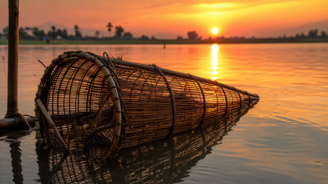 Woven fish trap resting in shallow river at sunset