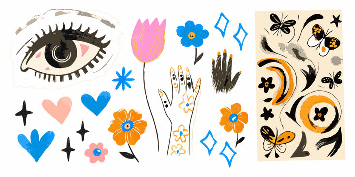 Floral hand and eye illustrations with a painted collage style