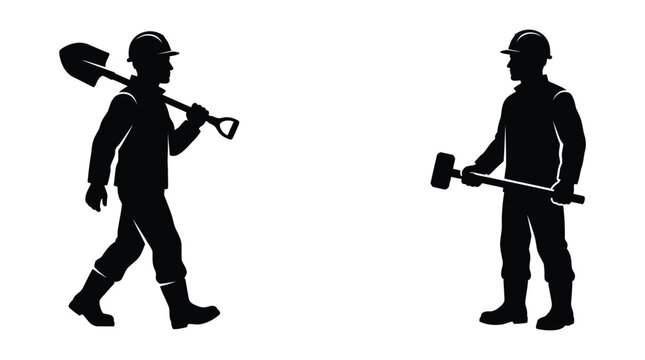 Construction Workers With Tools Black Silhouette On White Background
