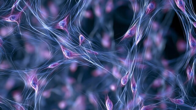 Topdown view of stained dense connective tissue slide with focused fibroblasts and blurred surrounding matrix fibers realistic microscope lighting and texture.