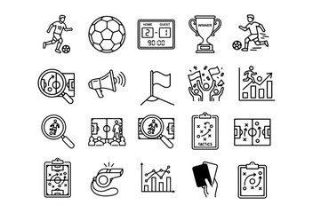 Football Tournament and Match Analysis Line Art Vector Icons Set on White Background, football, soccer, football player, soccer player, soccer ball, football ball, scoreboard, match score, trophy,  © TalalAhmad
