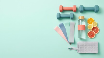 Prenatal strength workout accessories flat lay with dumbbells, resistance bands, and water bottle