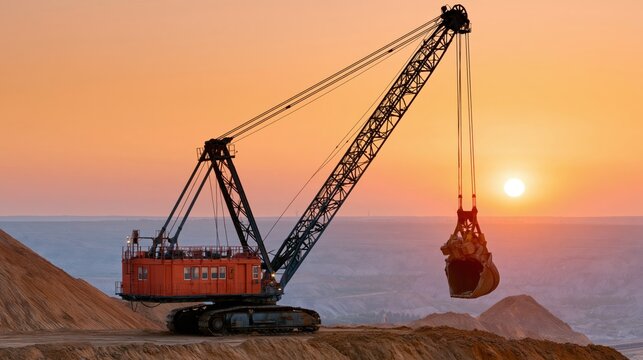 Giant dragline excavator working at sunset in a vast open-pit mine