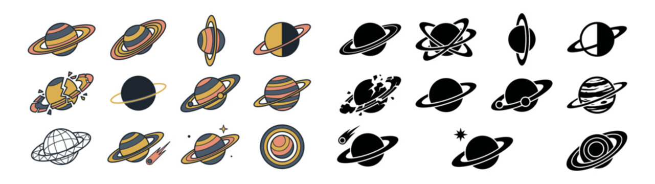 Space astronomy icon set with ringed saturn planet broken world wireframe sphere comet and star