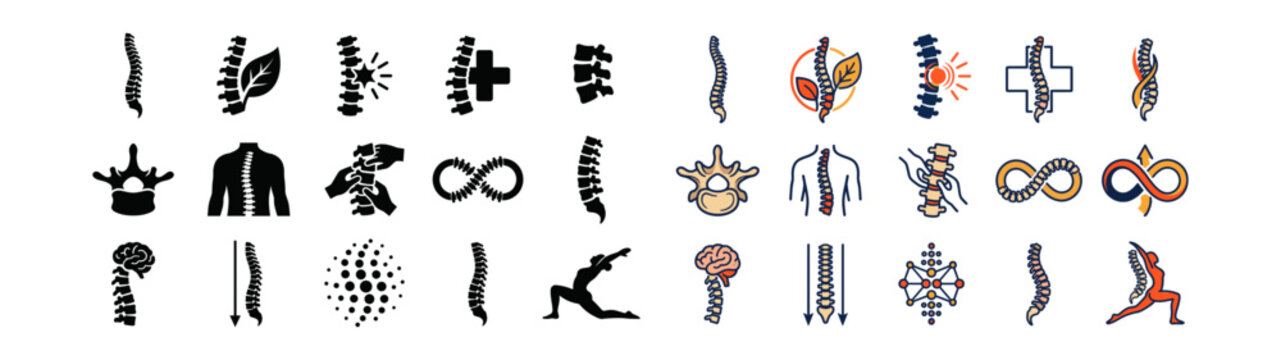 Spine healthcare medical icon set with leaf cross pain massage vertebra infinity brain and yoga