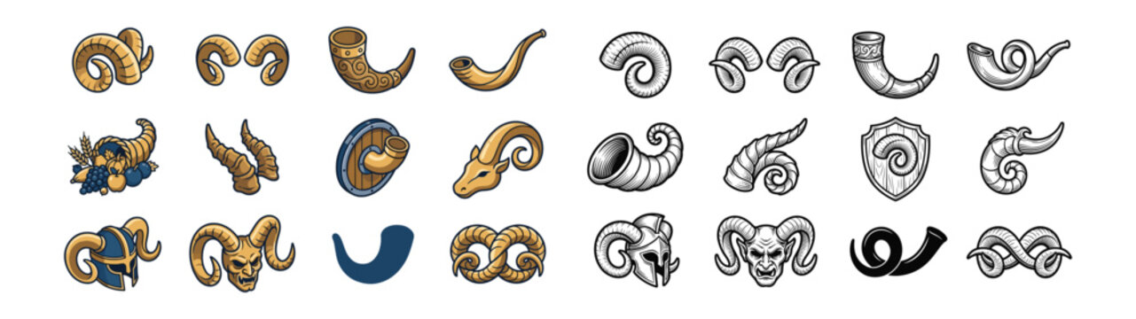 Animal horn icon set with ram goat drinking cup cornucopia shofar viking helmet demon skull and shield