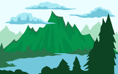 Fototapeta premium Green Mountain Lake Landscape with Forest and Clouds Illustration
