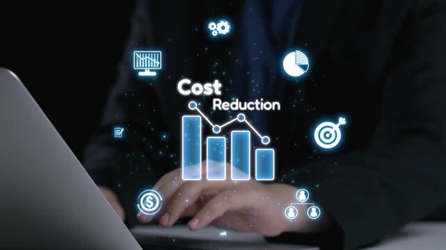 A professional using a laptop with a focus on cost reduction. The scene showcases essential financial analytics with glowing icons, emphasizing technology in business success. Qubit