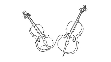 Two violins depicted as a continuous line drawing on a white background © Kobita