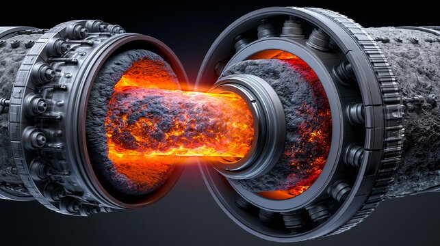 Medium shot of a rotary kiln cutaway showcasing raw mix gradually converting into clinker highlighted by vibrant ember tones and detailed metallic parts with focus on intense heat