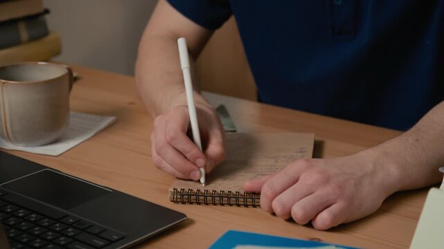 Young male writing notes in spiral notebook at desk next to laptop while getting ready for college exams or working on project. Educational courses, student lifestyle, remote learning advertisements