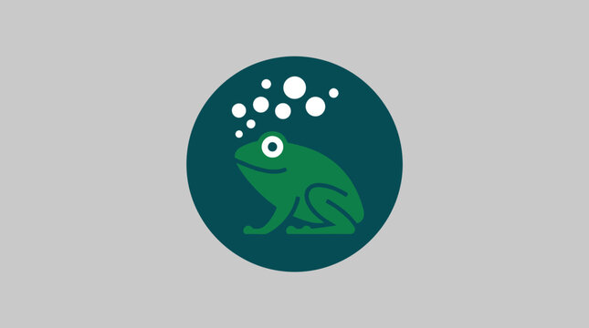 Flat design circular green frog logo swimming with bubbles.