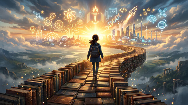 A student walking on a path made of books towards a futuristic city