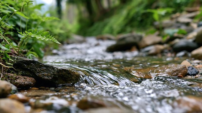 Shallow forest stream with rocks and green foliage