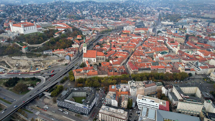 Obraz premium Aerial view around the old town and capitol city Bratislava in Slovakia on a sunny autumn day