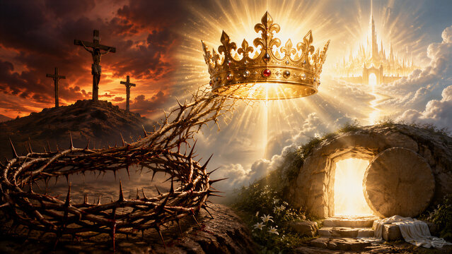 Royal crown hovering above empty tomb in biblical landscape