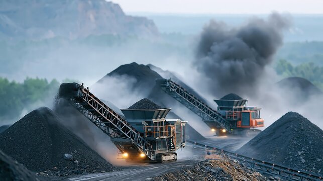 Mobile crushing and screening plant processing coal at a surface mine