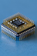 Naklejka premium Futuristic unmarked microchip with gold pins and subtle reflections
