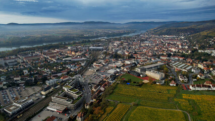 Fototapeta premium Aerial view around the old town city Krems in Austria on a sunny autumn morning