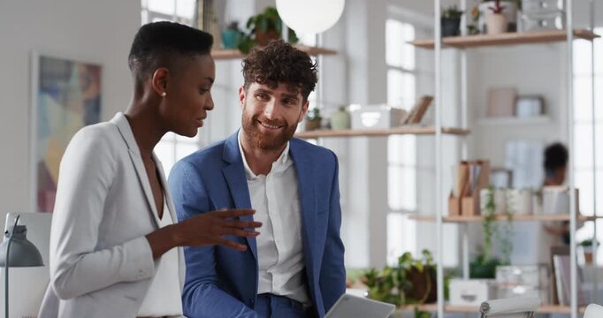 Company, business people and team talk with tablet for financial proposal, asset management or smile. Tech, glass office and collaboration for project report, investment evaluation or dividend yield