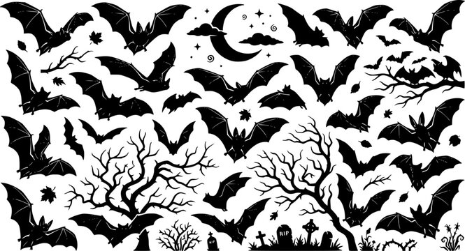 Flying Bats Silhouette Vector Collection. Flying Halloween Bat Shapes Set, Gothic Mystery Wild Animal Elements Isolated on White Background.