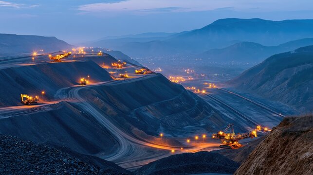 Surface coal mine operations illuminated by machinery lights during twilight hours