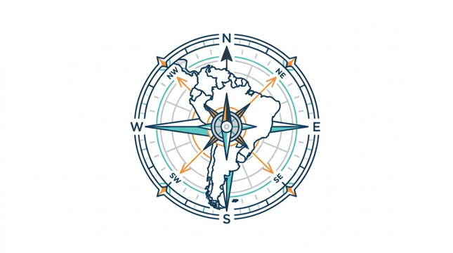 Compass Rose Over South America Map Illustration.