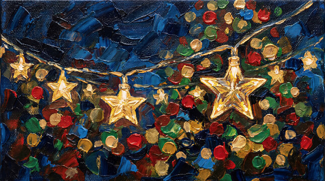 Painted string lights with star ornaments on dark canvas