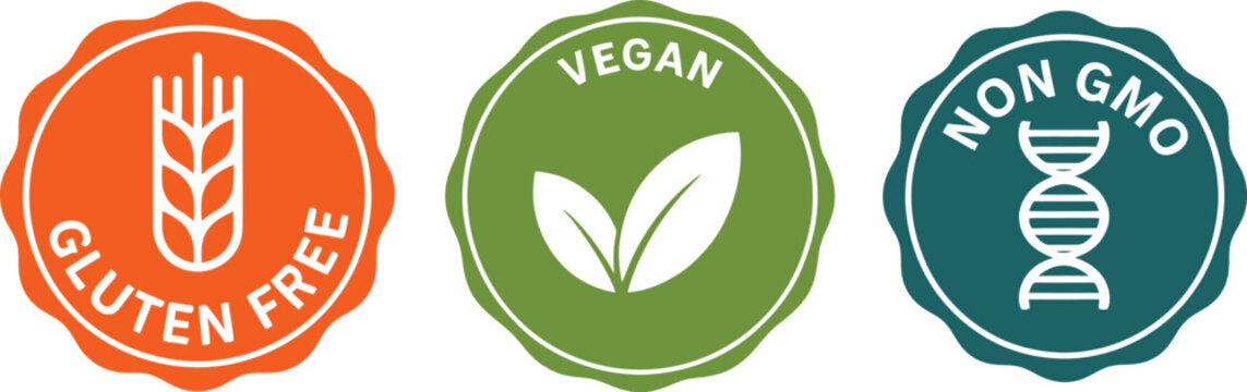 Gluten Free Vegan Non GMO Food Certification Label Badges for Healthy Product Packaging