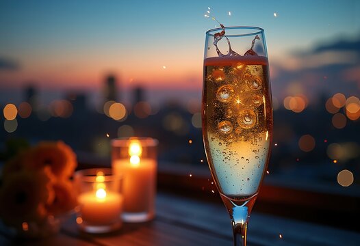 Glistening Prosecco Bubbles in Elegant Champagne Flute at Exclusive Rooftop Aperitivo Hour