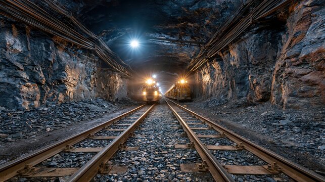 Underground coal mine corridor with trains and rails illuminated by headlamps