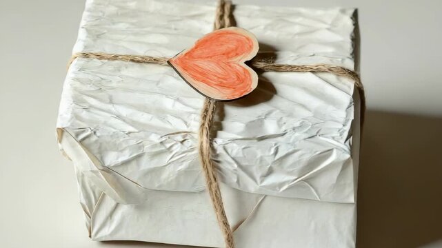 A person wraps a gift with silver paper and brown string. A heart decoration is added on top. Different angles show the wrapping technique clearly. The focus is on the details of the gift