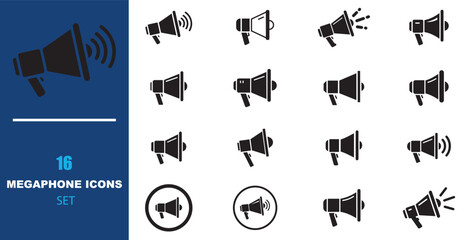Fototapeta premium Megaphone icons set of 16 vector elements, black bullhorn symbols for marketing and advertising, loudspeaker communication sign collection