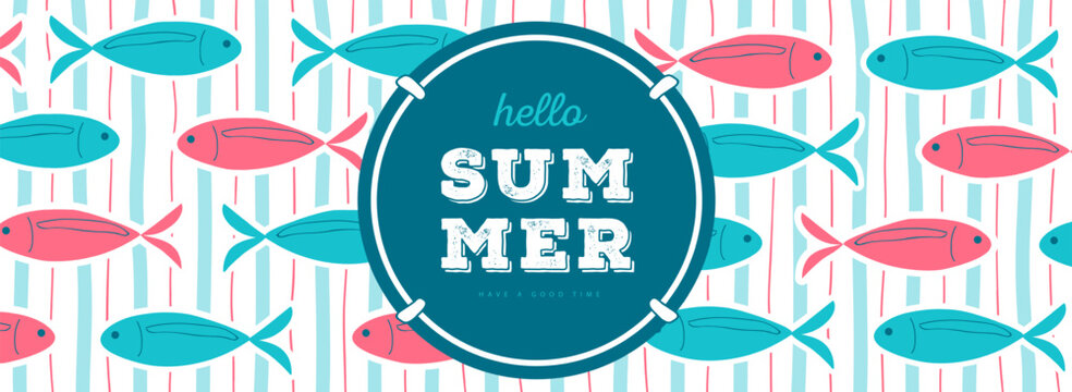 Hello summer  striped poster or bunner with pink and green fish. Summer vacation background. Flat design. Vector illustration