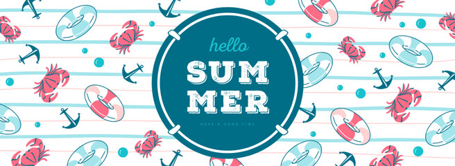 Hello summer  striped poster or bunner with inflatable swim rings, anchor, crab and bubbles. Summer vacation background. Flat design. Vector illustration © annbozhko